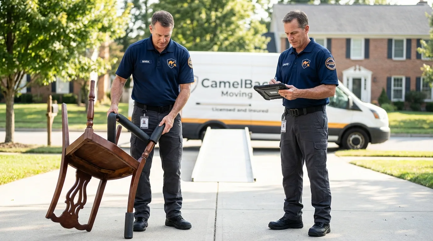 Movers inspecting furniture for damage prevention before loading in Walla Walla, WA